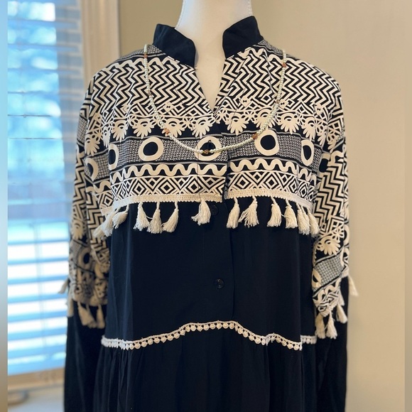 [XL] Kaktus Black Viscose Embossed Print Mini Tassels WMN Maxi Dress - Picture 3 of 15